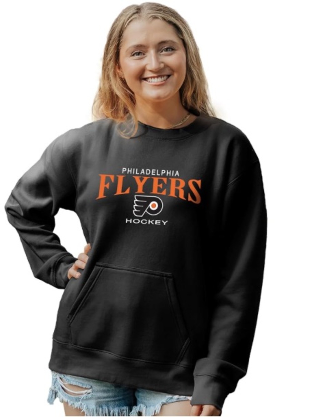 Blue 84 Philadelphia Flyers Black Crewneck Sweatshirt with Embroidered Logo